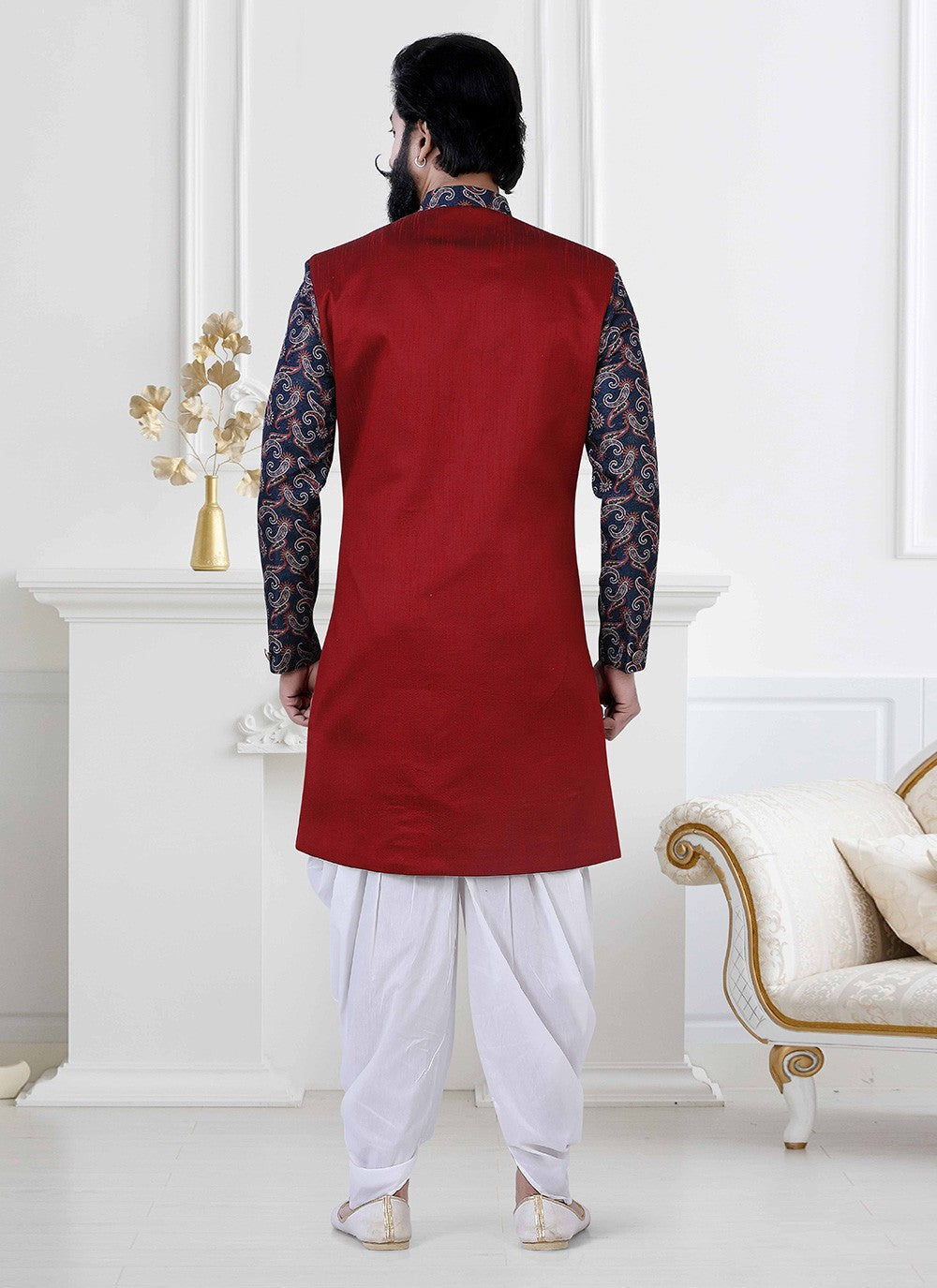 Embroidered Jacquard, Silk Blue, Red Indo Western - M4198