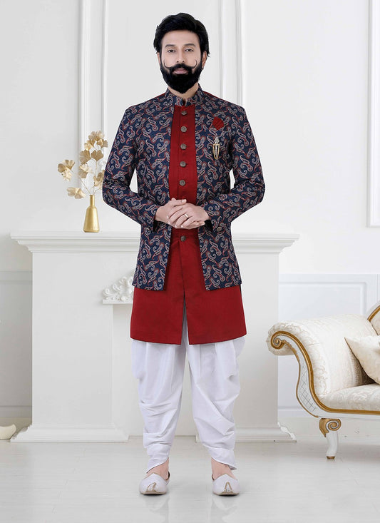 Embroidered Jacquard, Silk Blue, Red Indo Western - M4198