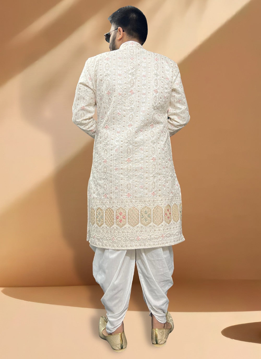 Embroidered Silk Cream Indo Western Sherwani - M5336