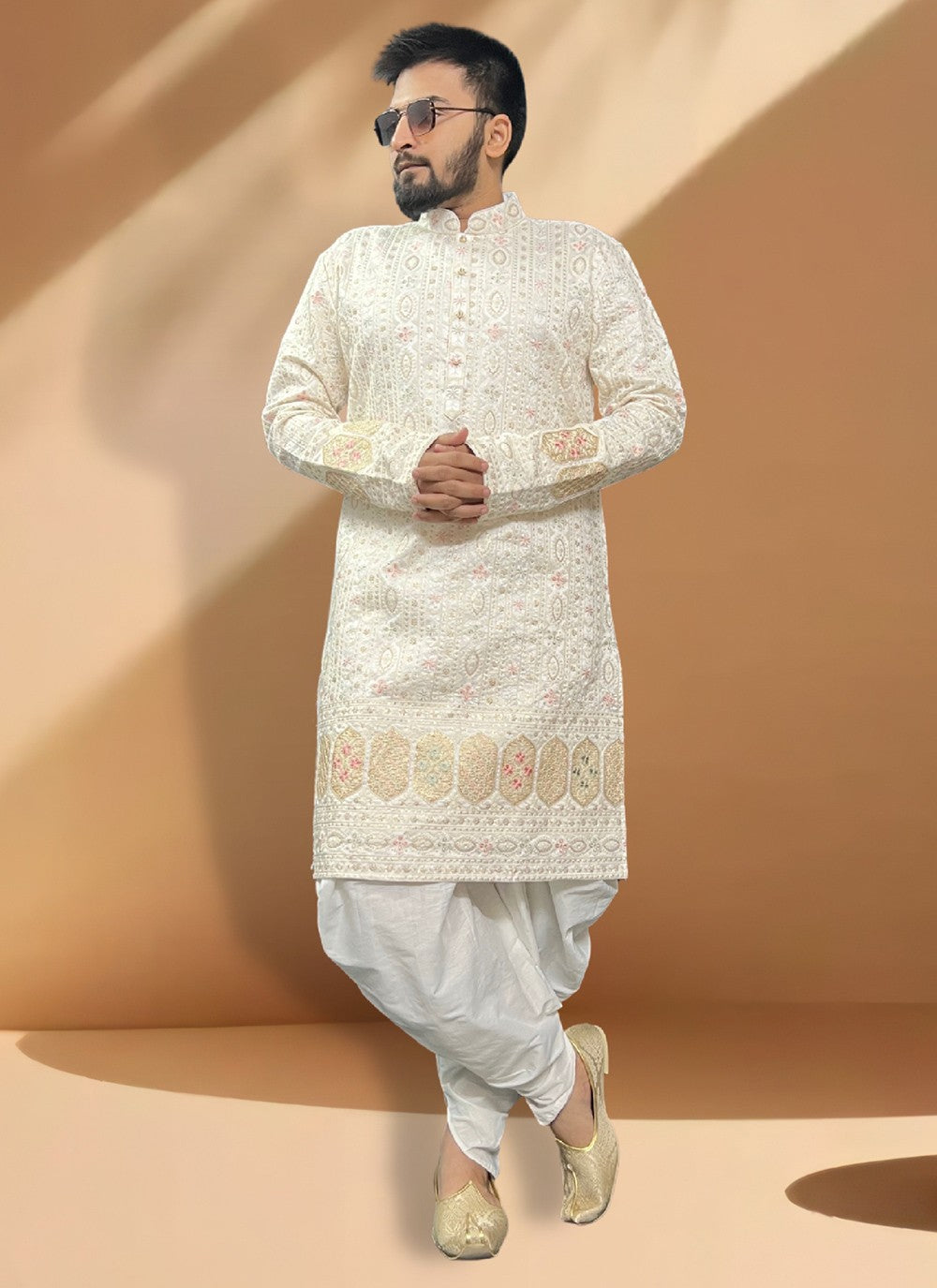 Embroidered Silk Cream Indo Western Sherwani - M5336