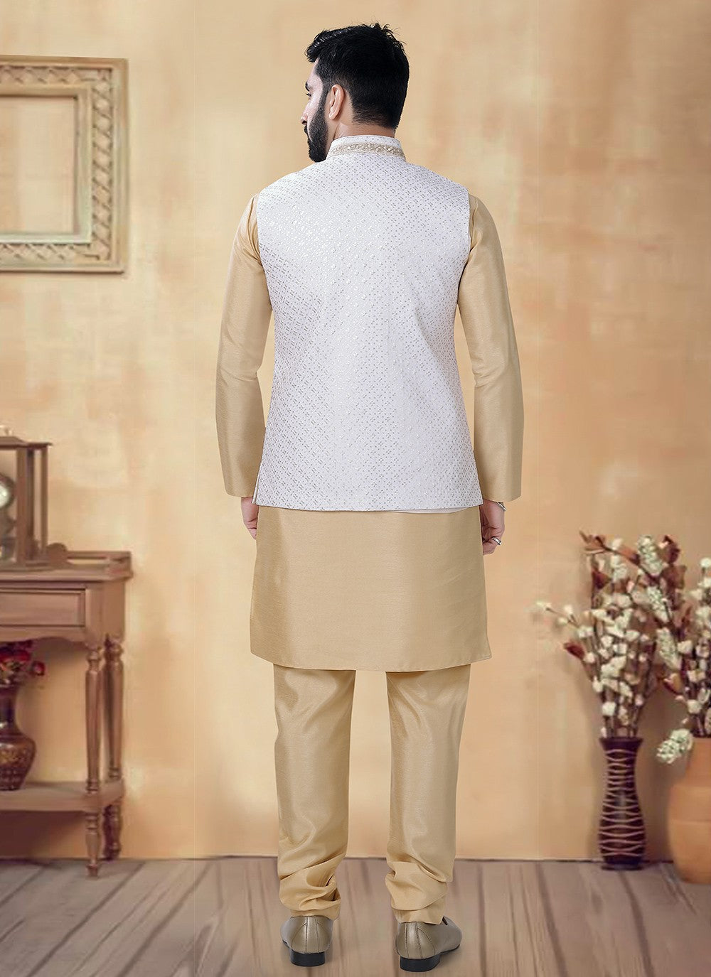 Embroidered Silk Gold, White Kurta Payjama With Jacket - M8472