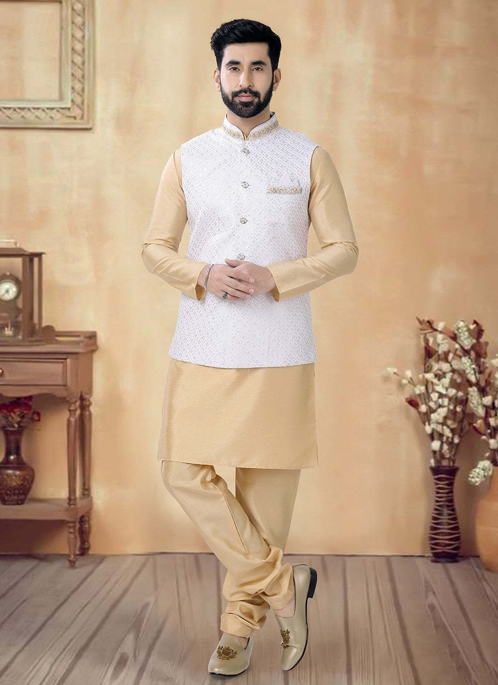 Embroidered Silk Gold, White Kurta Payjama With Jacket - M8472