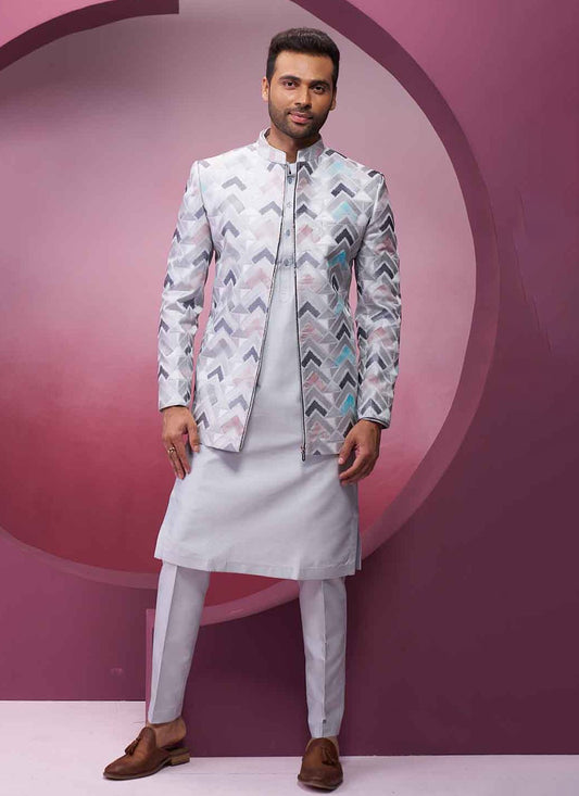 Embroidered Silk Grey Kurta Payjama With Jacket - M8350