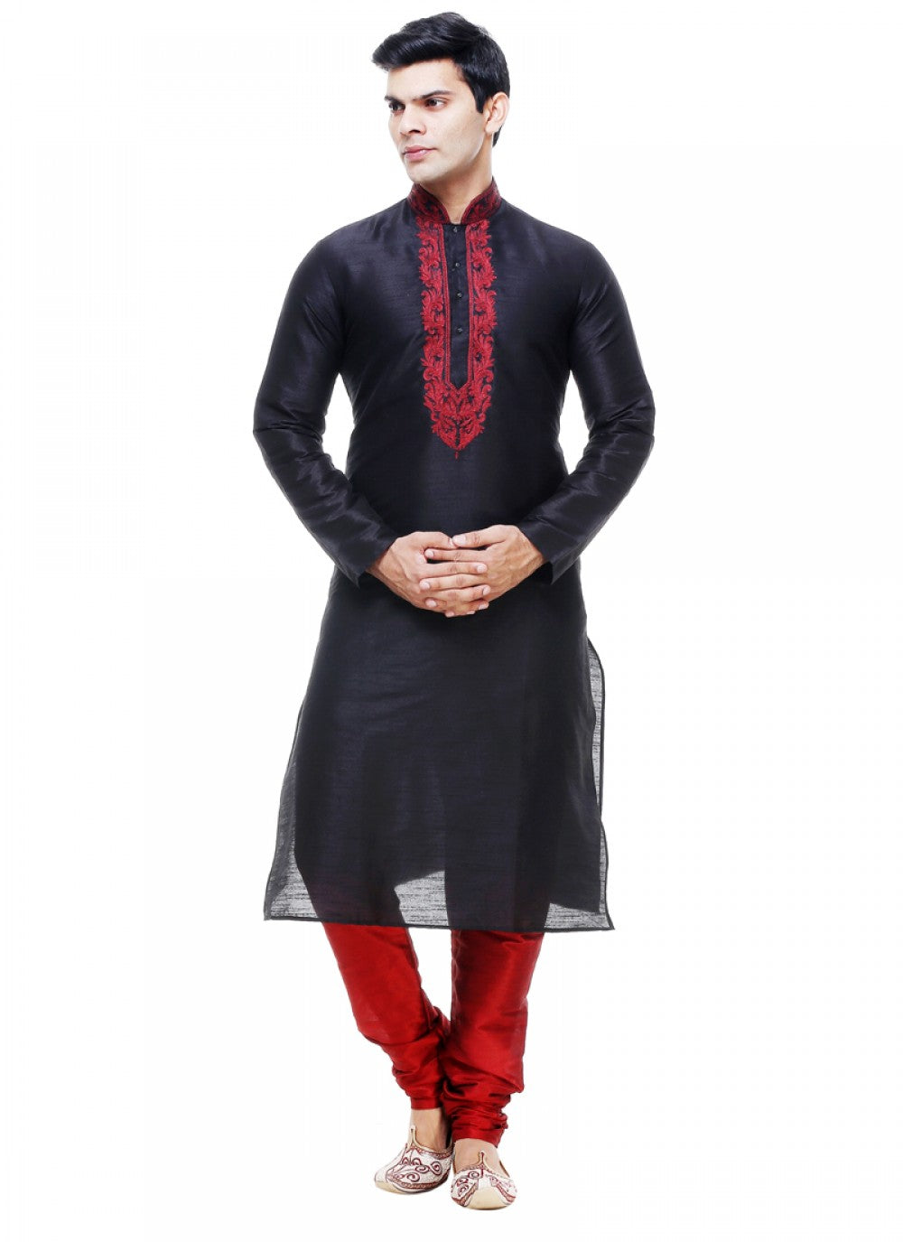 Embroidered Silk Black Kurta Pyjama - M1031