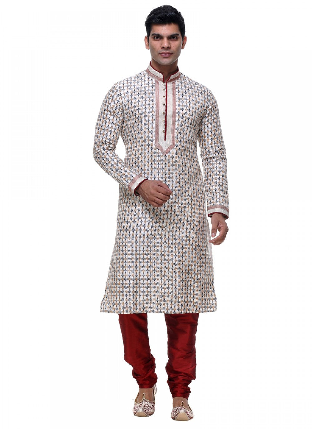 Embroidered Silk Cream Kurta Pyjama - M1021