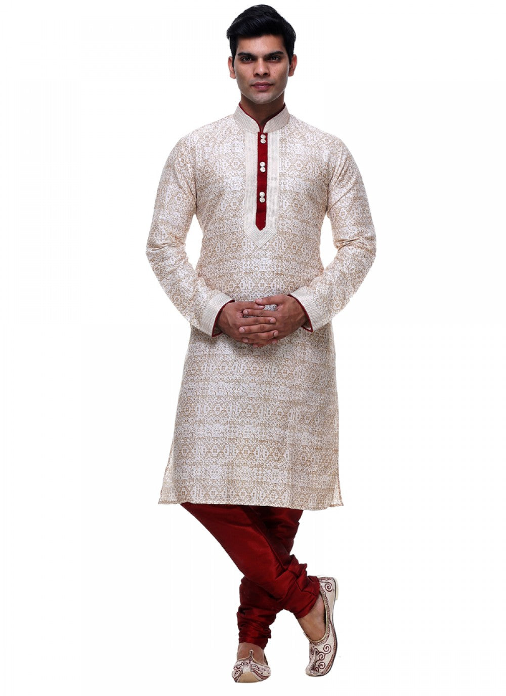 Embroidered Silk Cream Kurta Pyjama - M1025