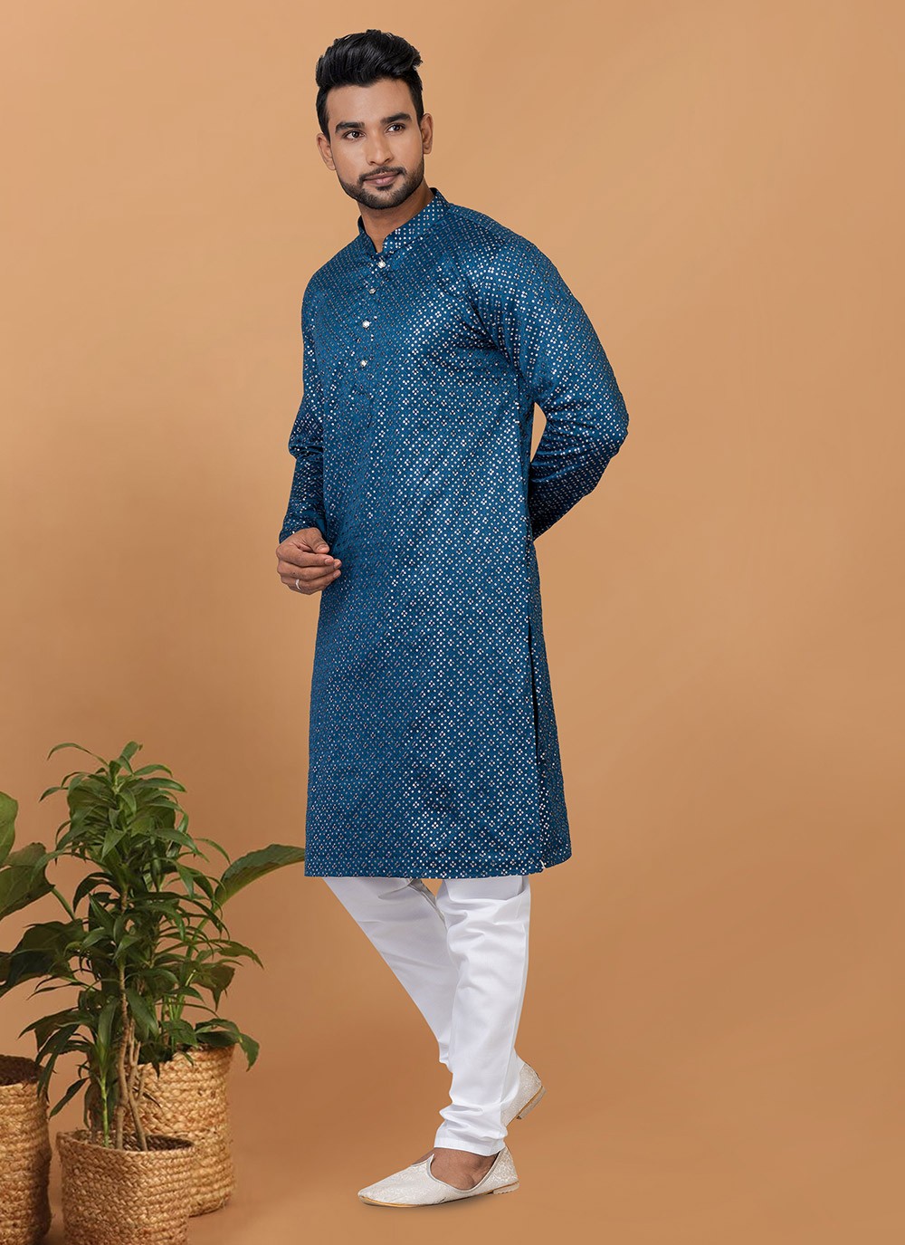 Embroidered Silk Teal Kurta Pyjama - M6250