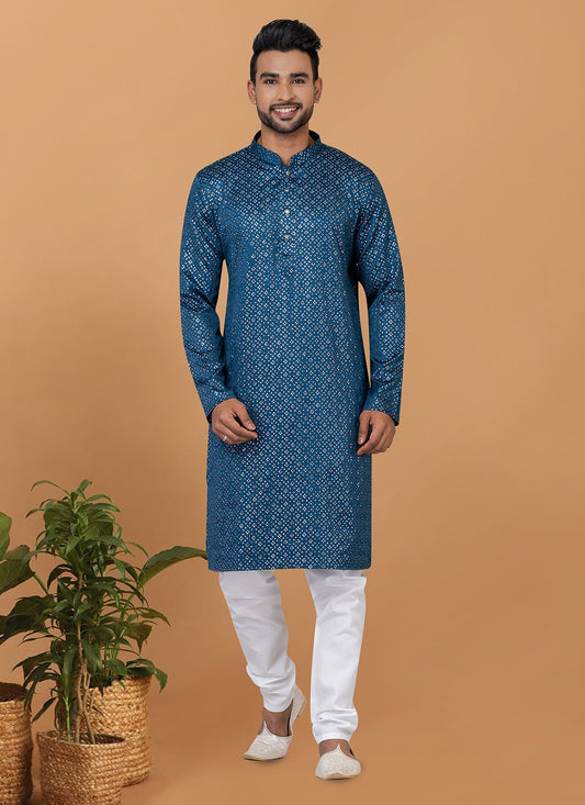 Embroidered Silk Teal Kurta Pyjama - M6250