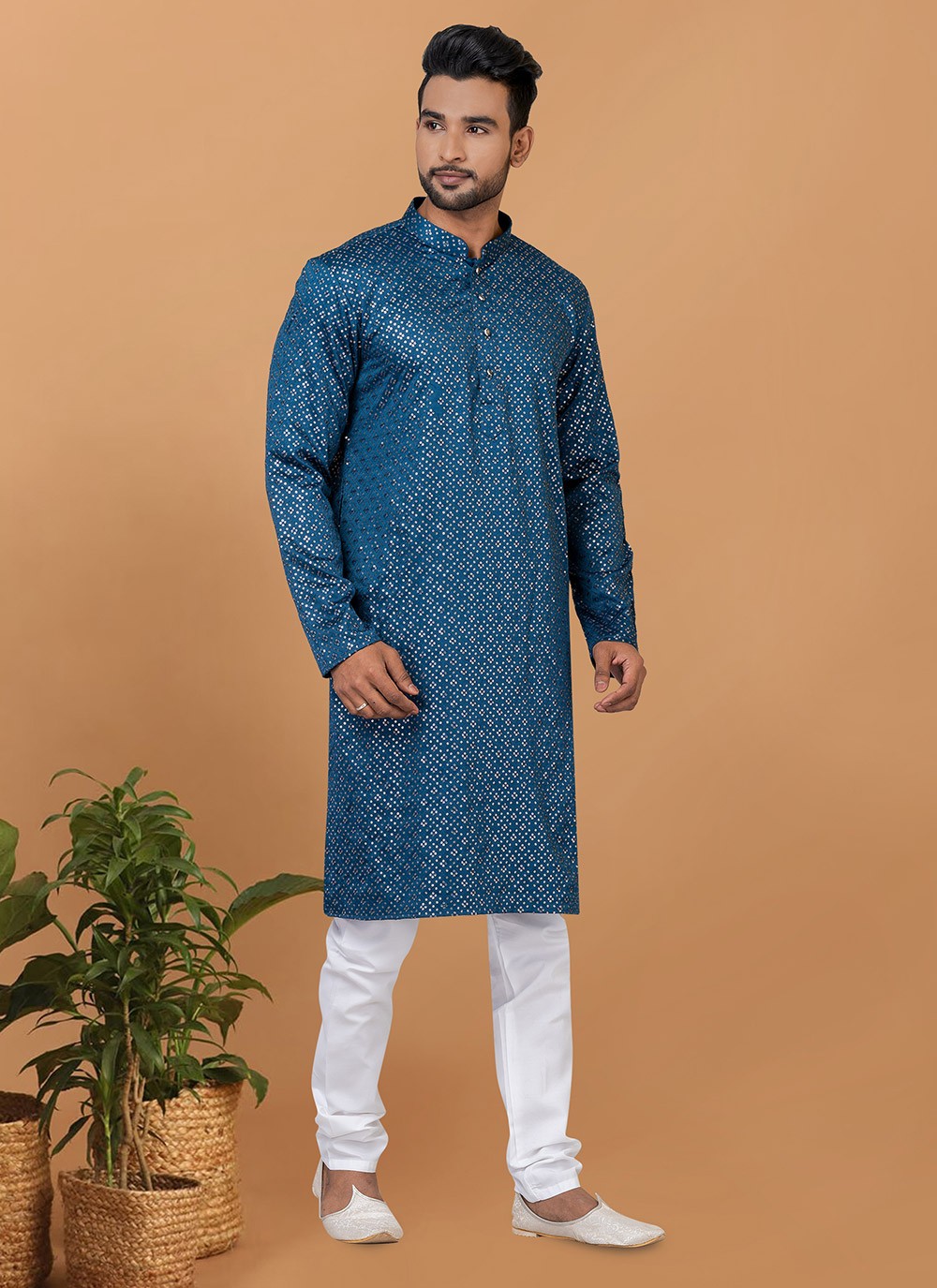 Embroidered Silk Teal Kurta Pyjama - M6250