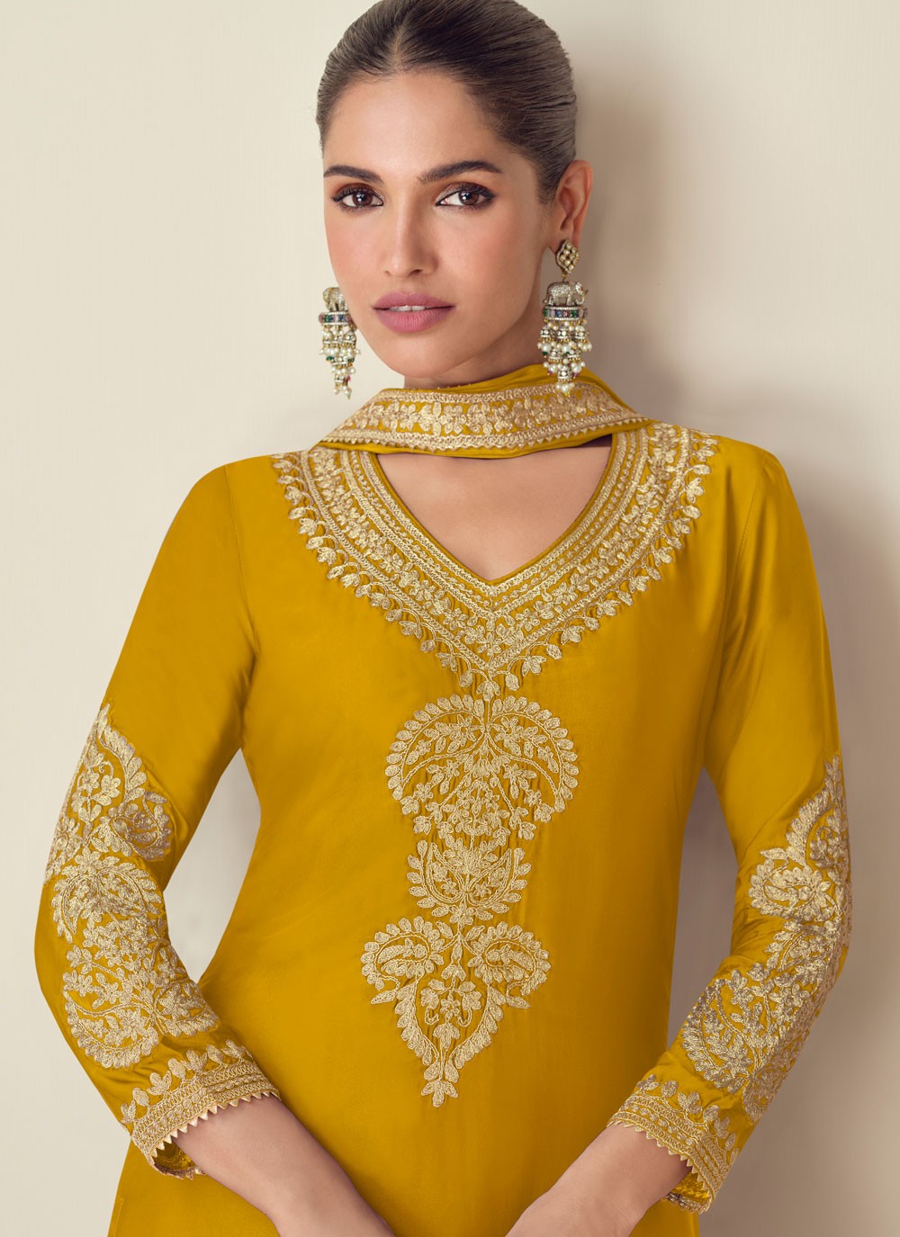 Embroidered Chinon Palazzo Suit - T4647