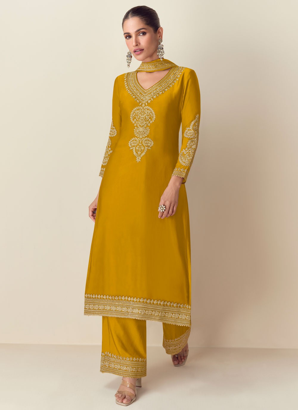 Embroidered Chinon Palazzo Suit - T4647