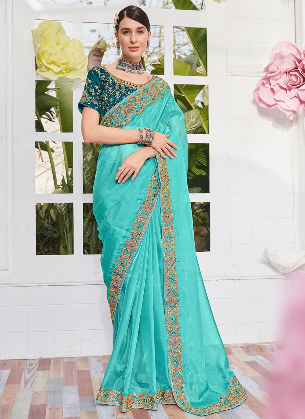 Trendy Embroidered Organza, Satin Saree - S2842