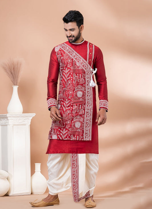 Embroidered Viscose Red Dhoti Kurta - M8292