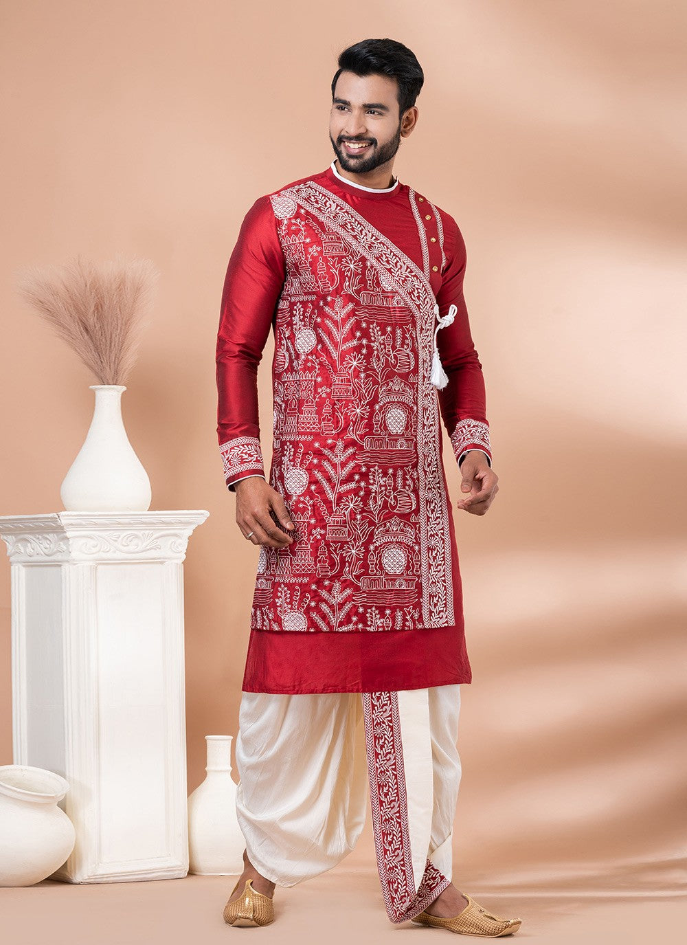 Embroidered Viscose Red Dhoti Kurta - M8292