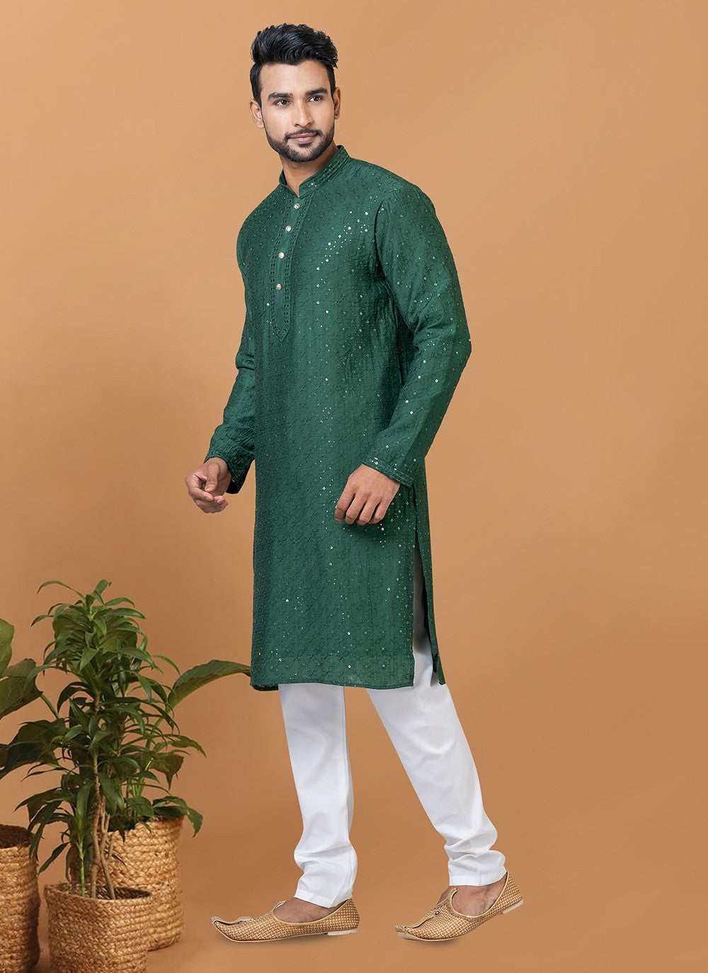 Embroidered Cotton , Viscose Green Kurta Pyjama - M6252