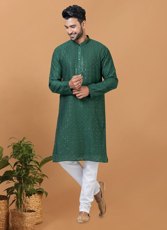 Embroidered Cotton , Viscose Green Kurta Pyjama - M6252