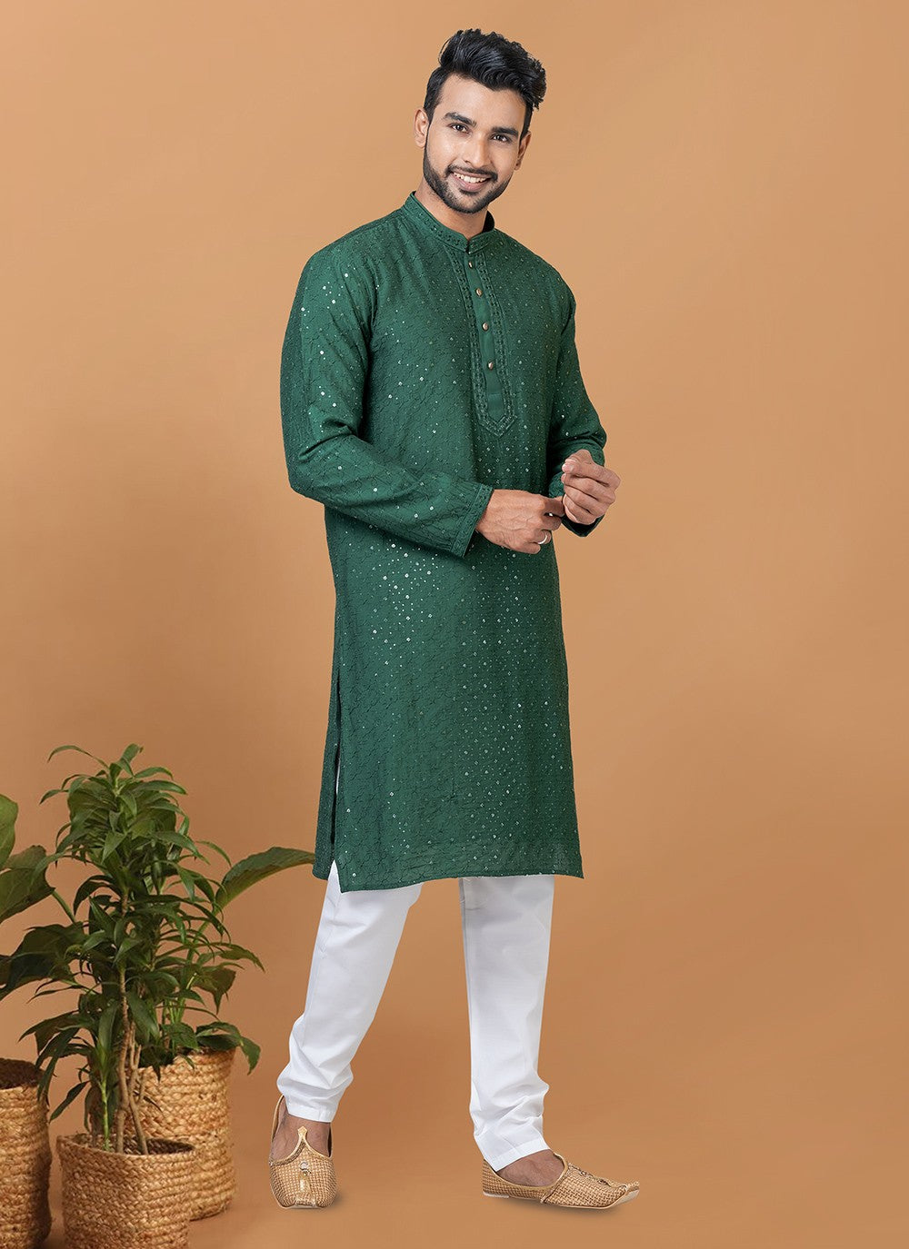 Embroidered Cotton , Viscose Green Kurta Pyjama - M6252