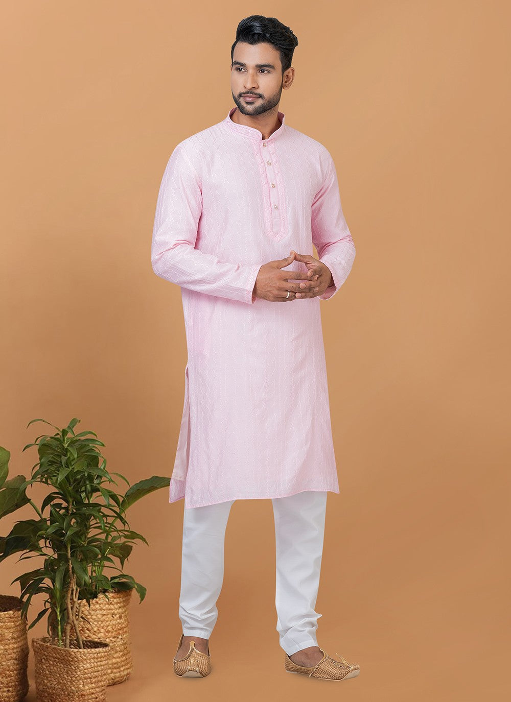 Embroidered Cotton , Viscose Pink Kurta Pyjama - M6346