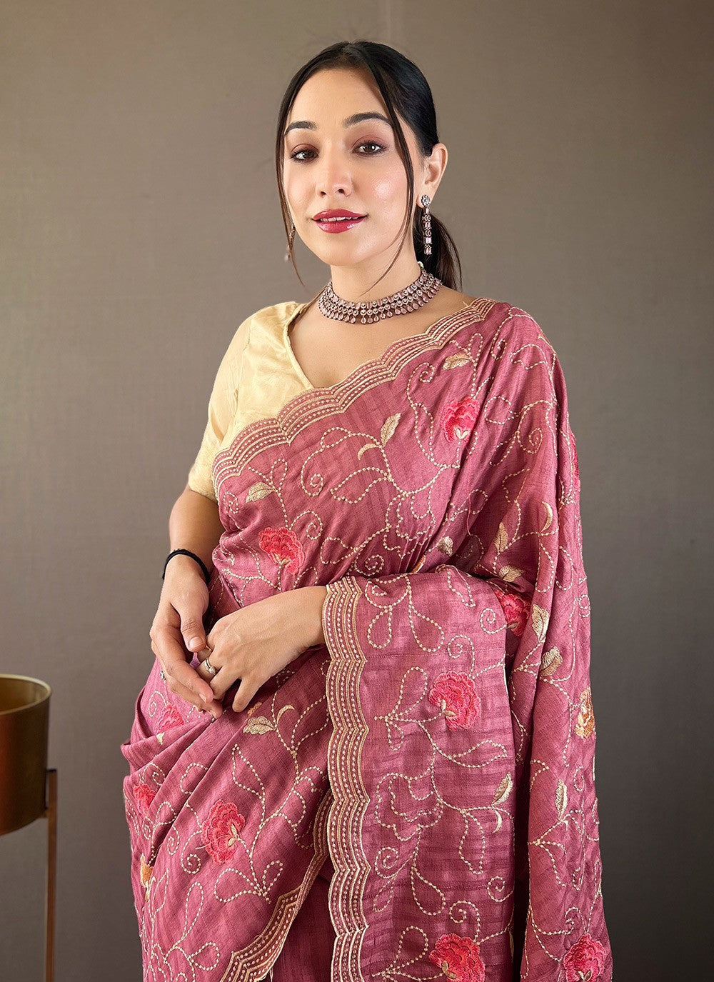 Traditional Embroidered Tussar Silk Saree - S5958