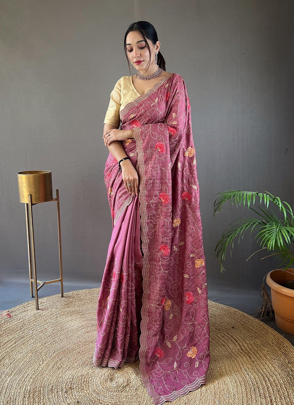 Traditional Embroidered Tussar Silk Saree - S5958