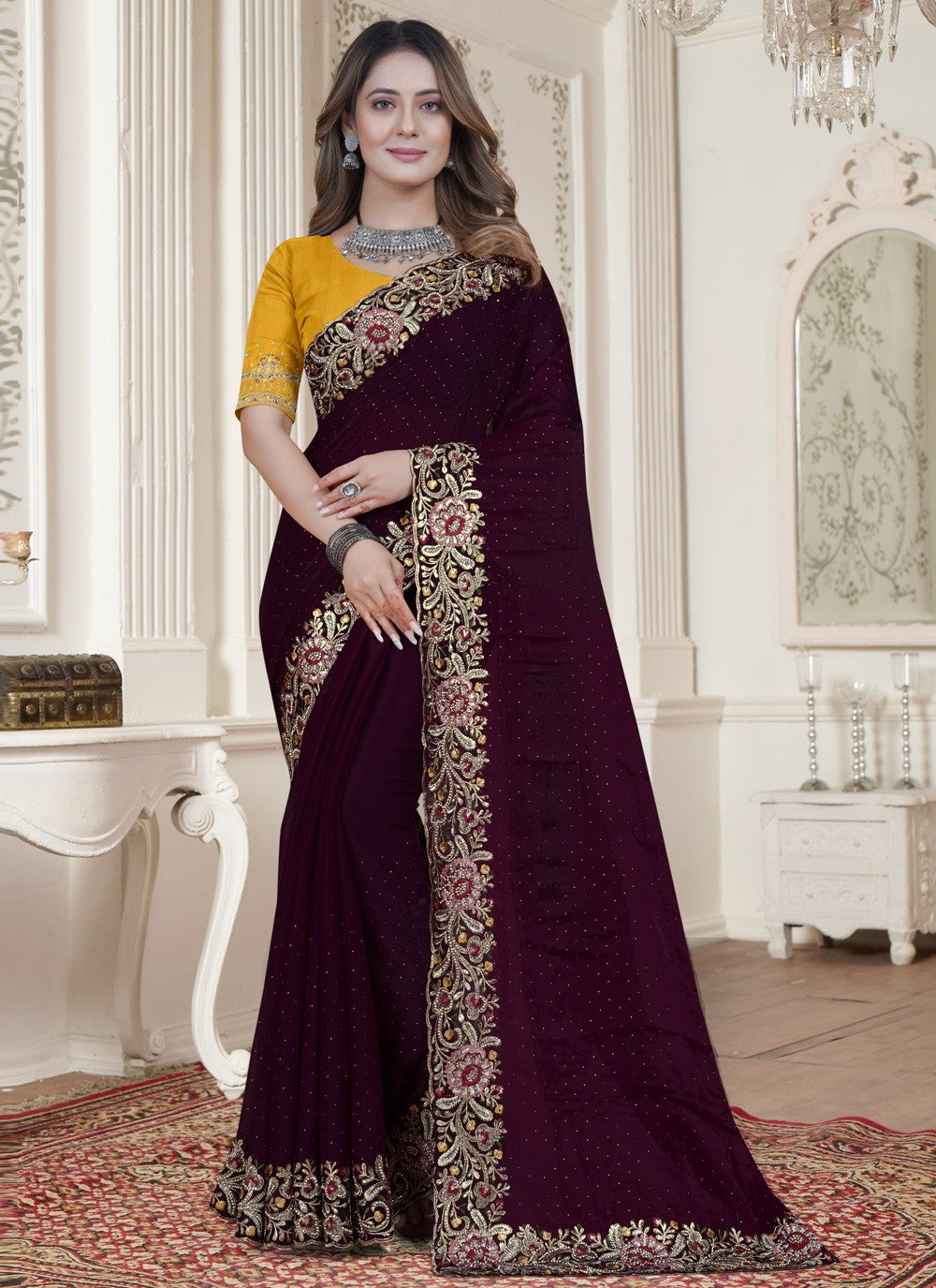 Contemporary Embroidered Satin Silk Saree - S3921