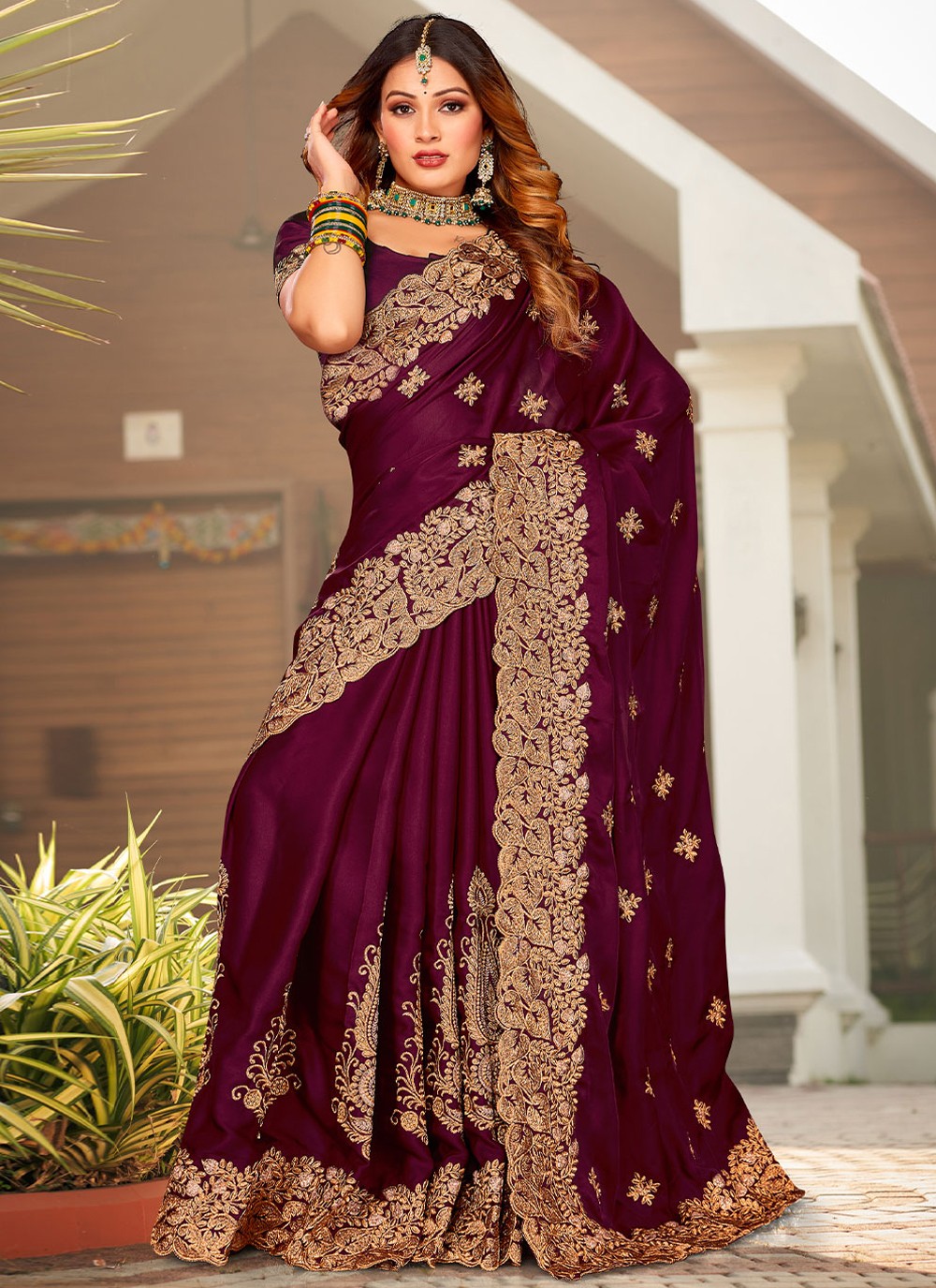 Designer Embroidered Satin Saree - S2934