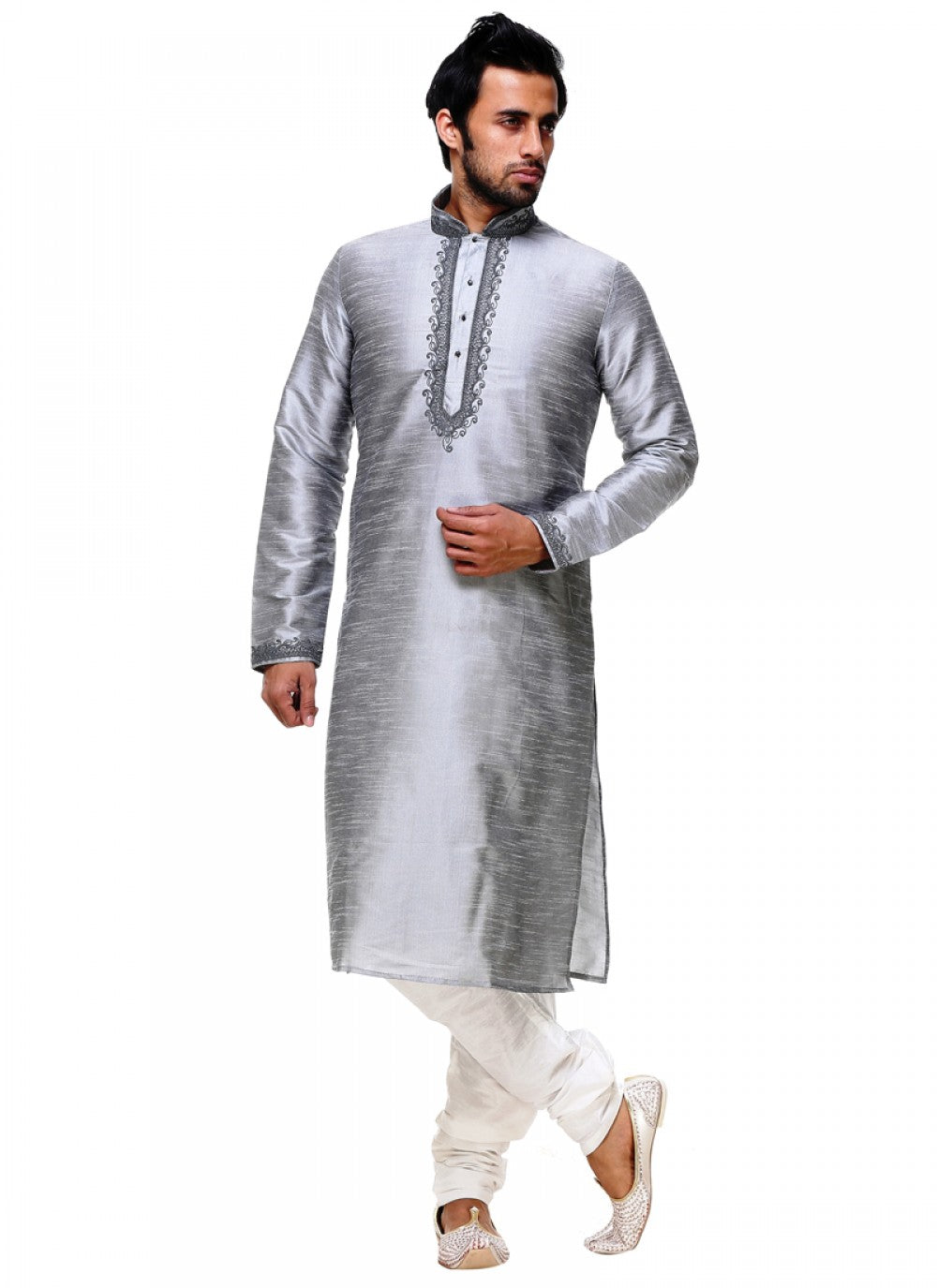 Embroidered Silk Grey Kurta Pyjama - M1026