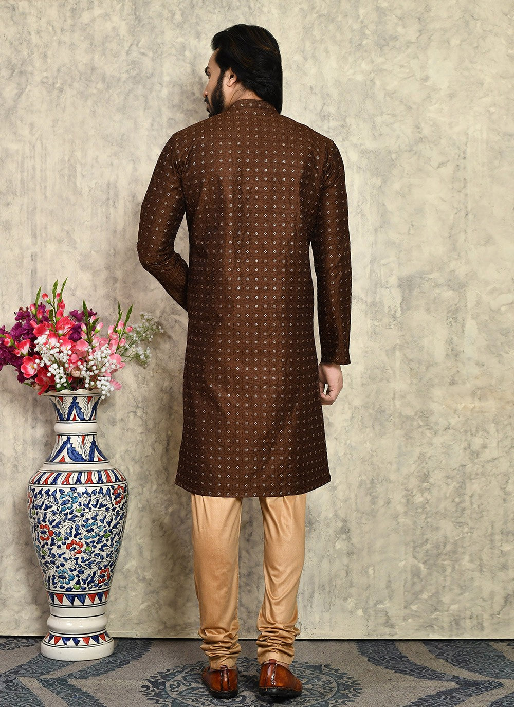 Fancy Work Art Silk Brown Kurta Pyjama - M7947