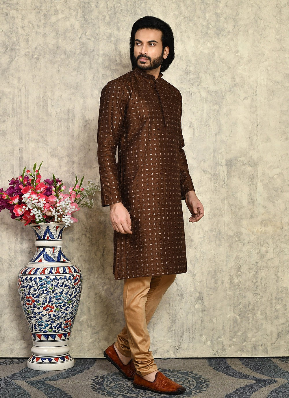 Fancy Work Art Silk Brown Kurta Pyjama - M7947