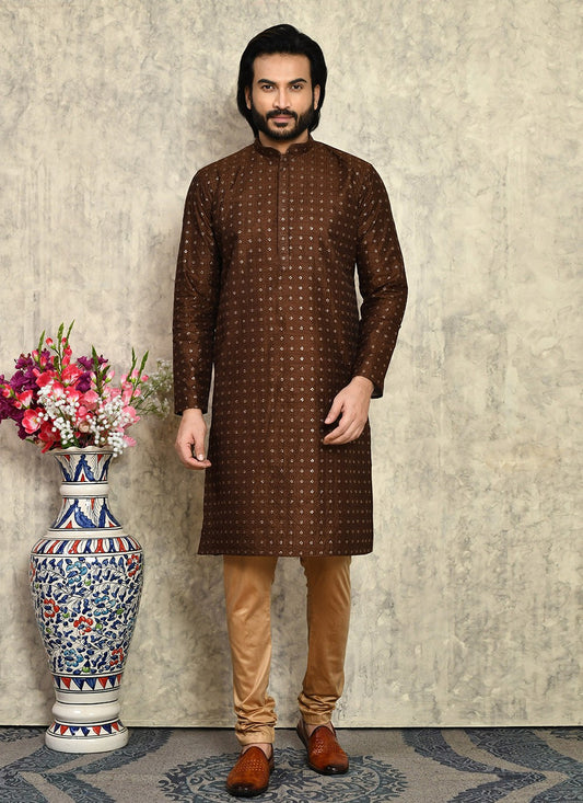 Fancy Work Art Silk Brown Kurta Pyjama - M7947