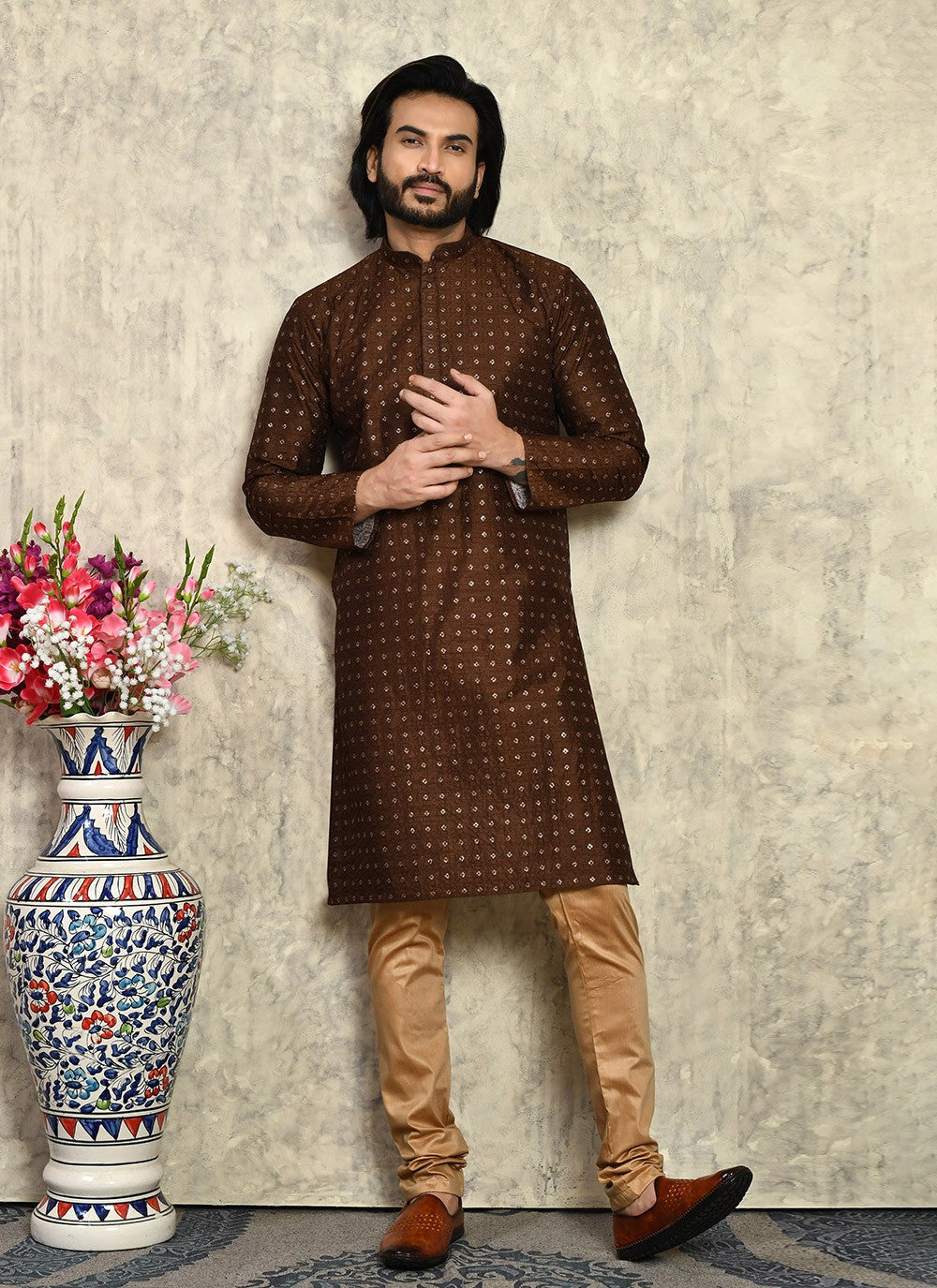 Fancy Work Art Silk Brown Kurta Pyjama - M7947