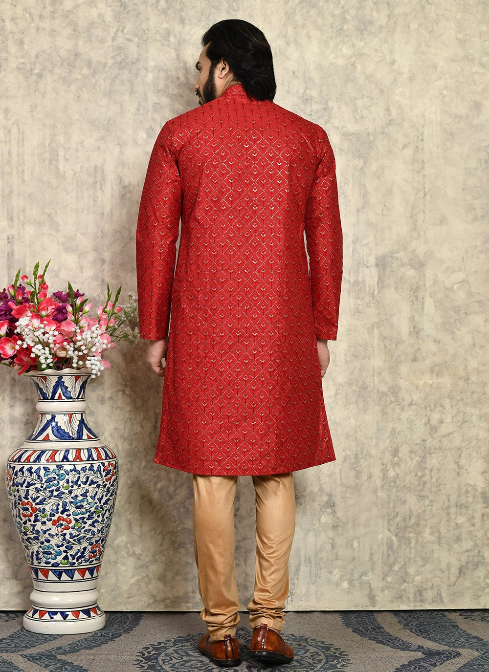 Fancy Work Art Silk Maroon Kurta Pyjama - M7951