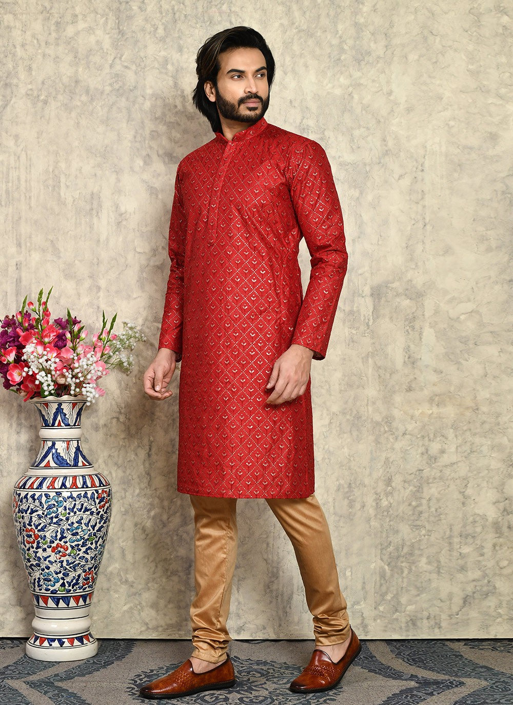 Fancy Work Art Silk Maroon Kurta Pyjama - M7951