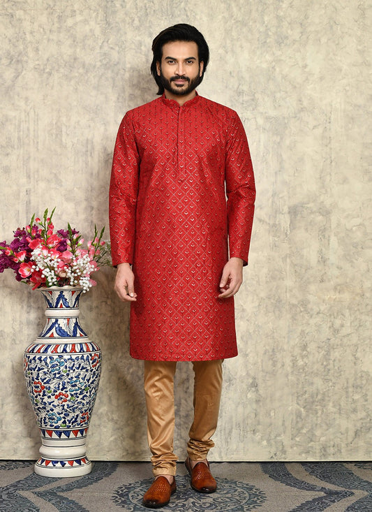 Fancy Work Art Silk Maroon Kurta Pyjama - M7951