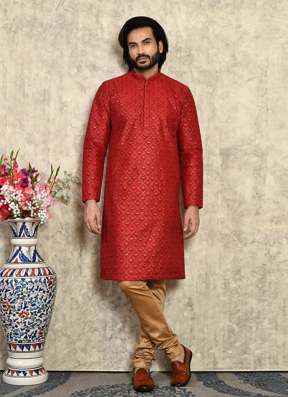 Fancy Work Art Silk Maroon Kurta Pyjama - M7951