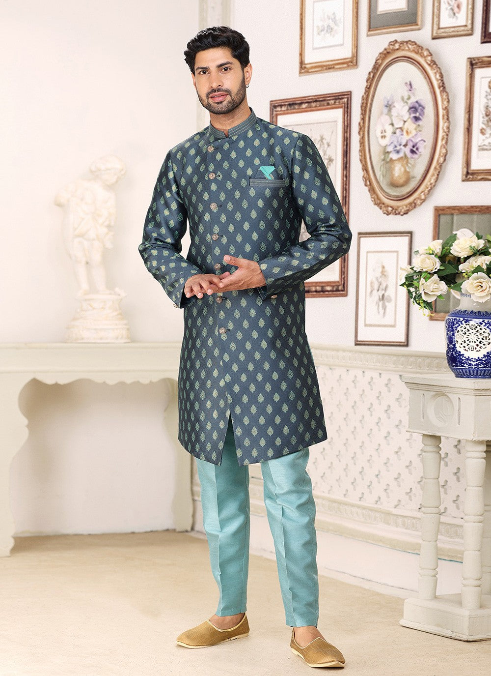 Fancy Work Banarasi Jacquard Grey Indo Western - M5250