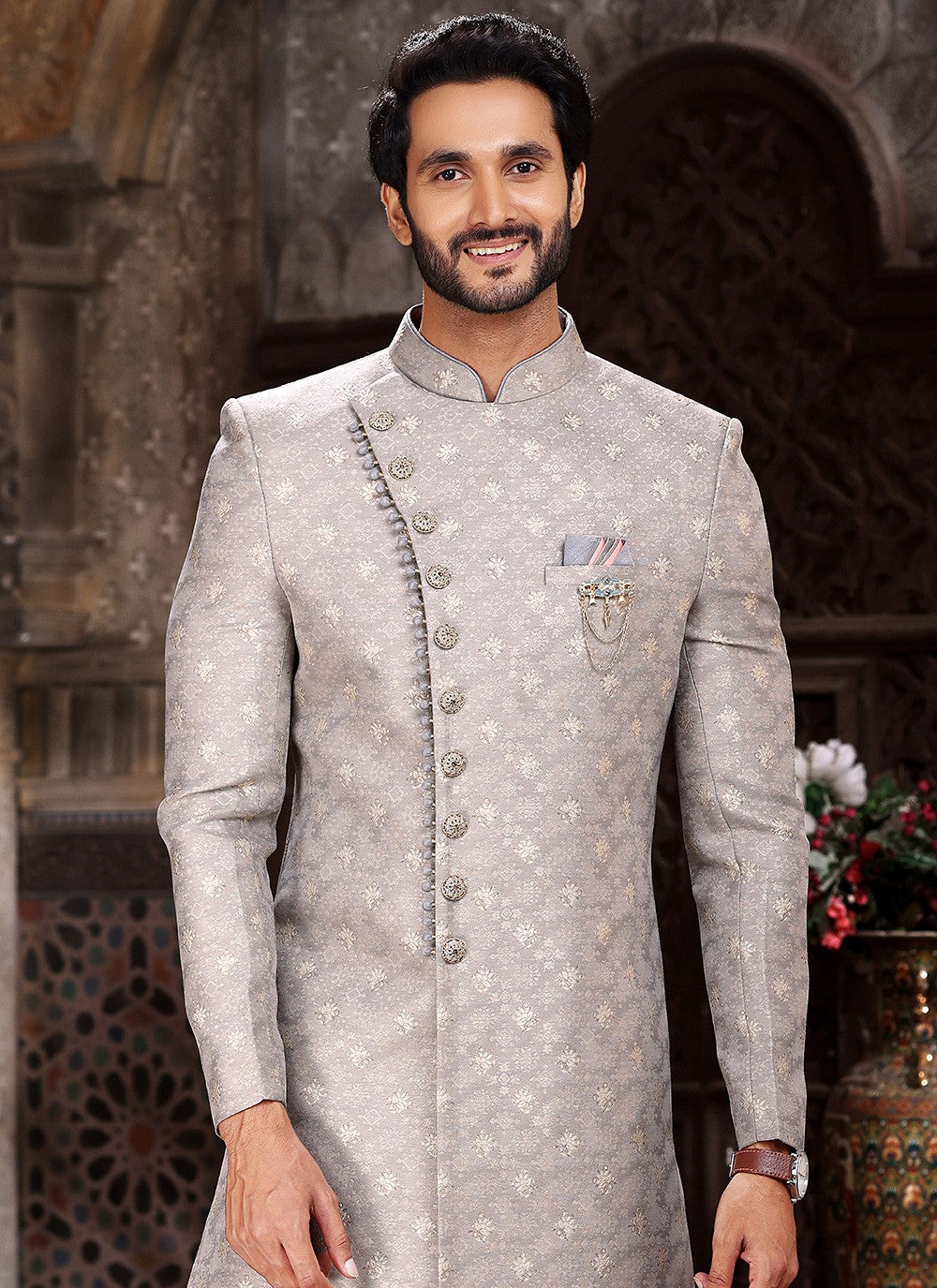 Embroidered Banarasi Jacquard Grey Indo Western - M5257