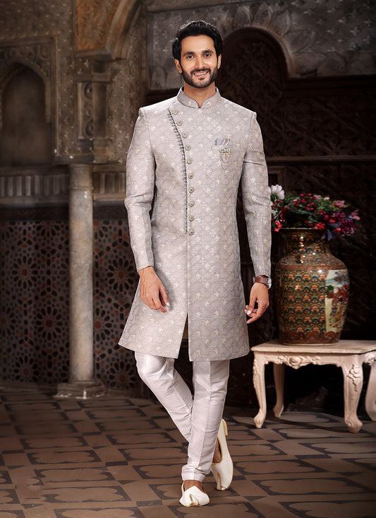 Embroidered Banarasi Jacquard Grey Indo Western - M5257