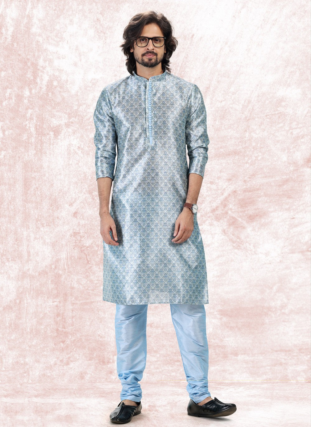 Fancy Work Banarasi Jacquard Aqua Blue Kurta Pyjama - M5173