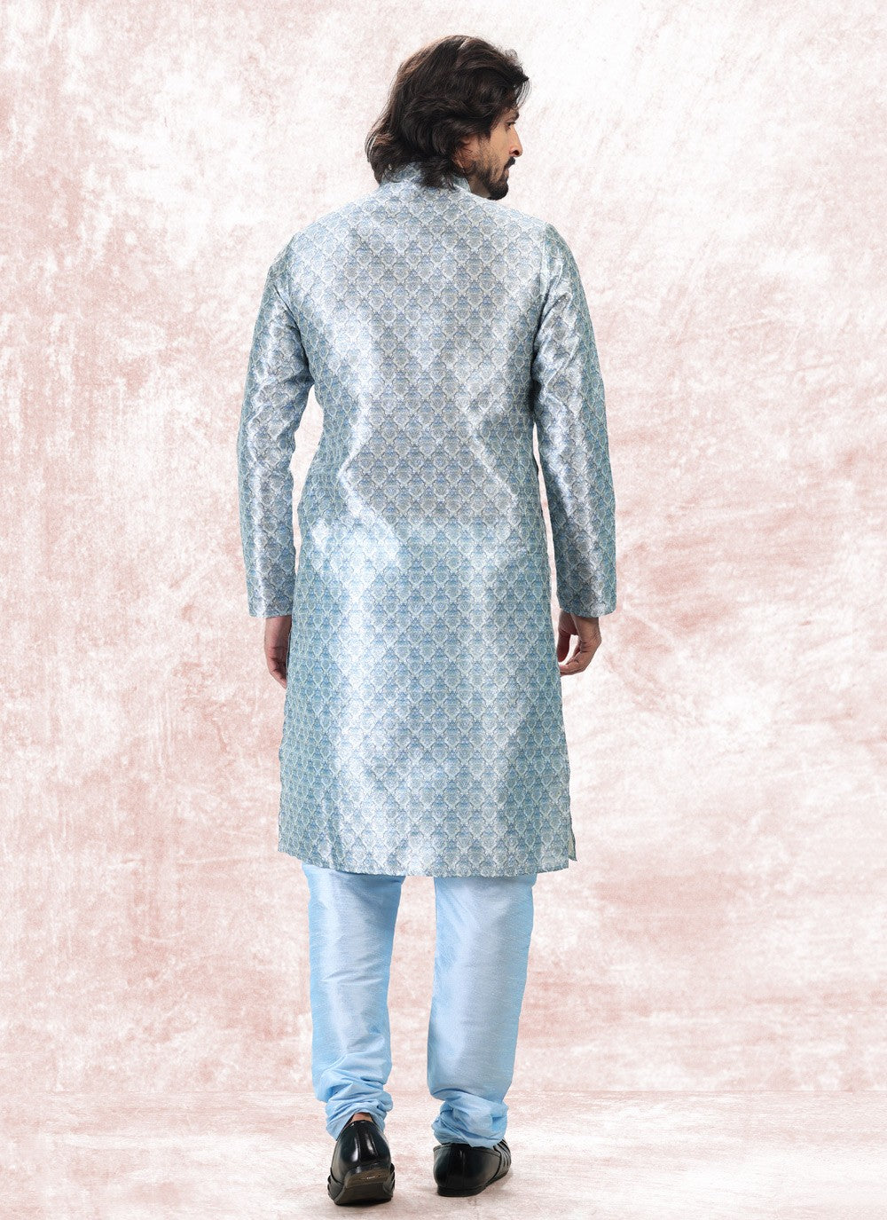 Fancy Work Banarasi Jacquard Aqua Blue Kurta Pyjama - M5173