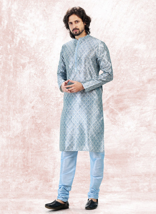 Fancy Work Banarasi Jacquard Aqua Blue Kurta Pyjama - M5173