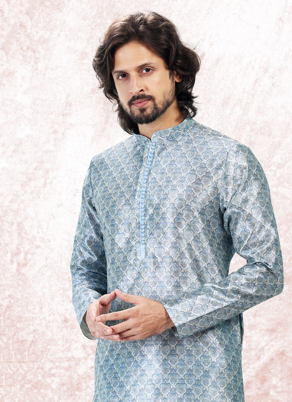 Fancy Work Banarasi Jacquard Aqua Blue Kurta Pyjama - M5173