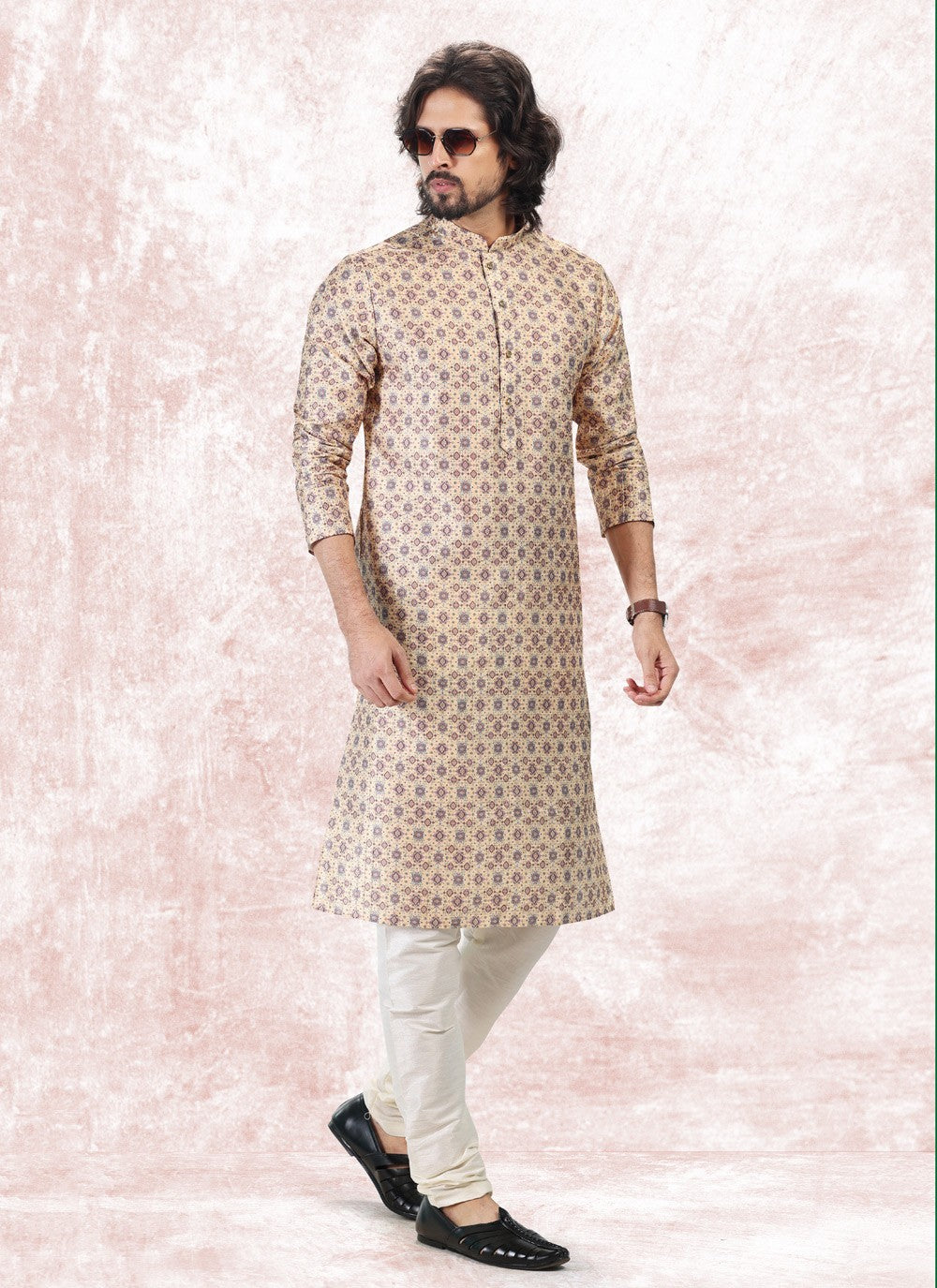 Fancy Work Banarasi Jacquard Yellow Kurta Pyjama - M5178