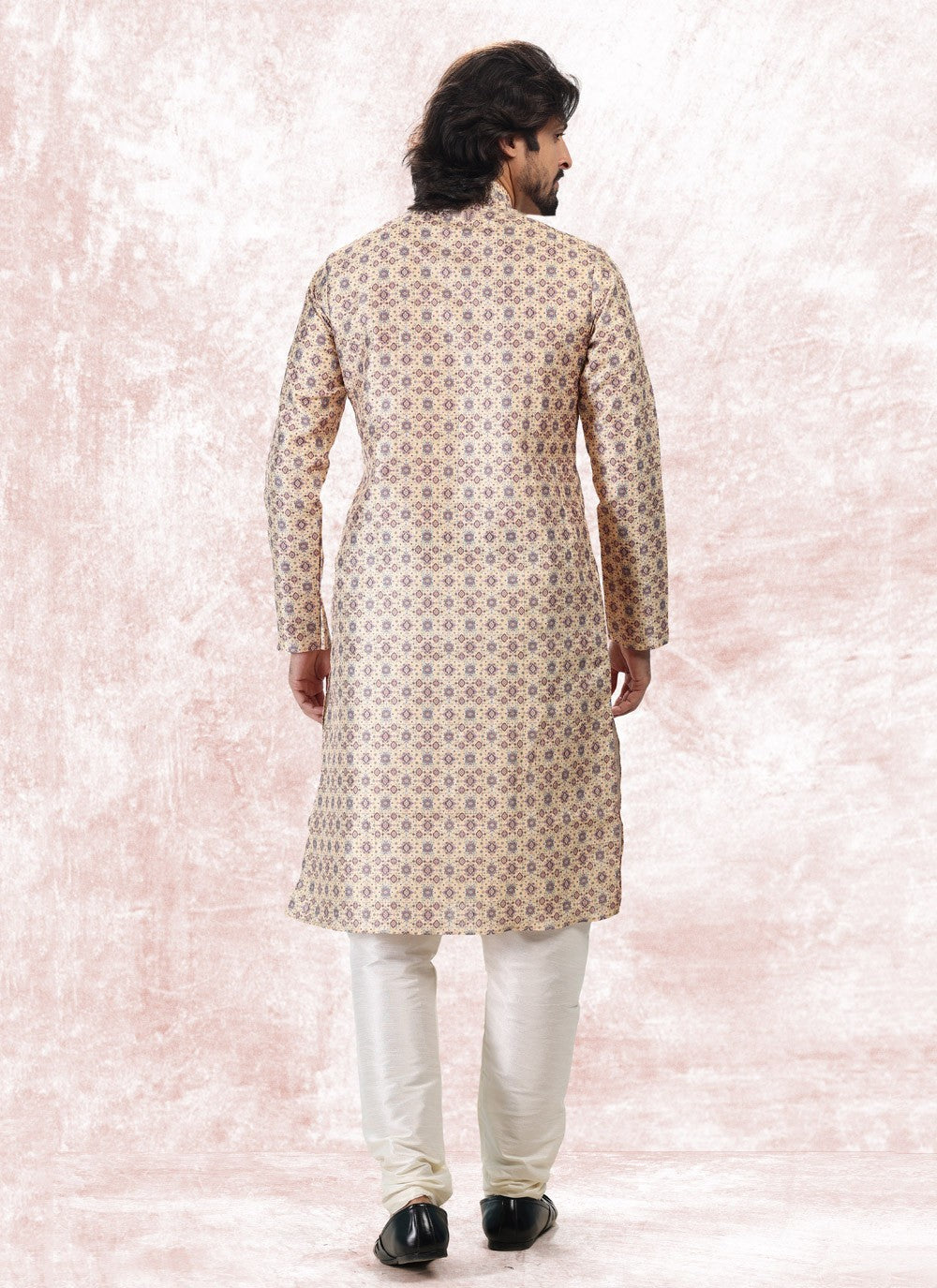 Fancy Work Banarasi Jacquard Yellow Kurta Pyjama - M5178