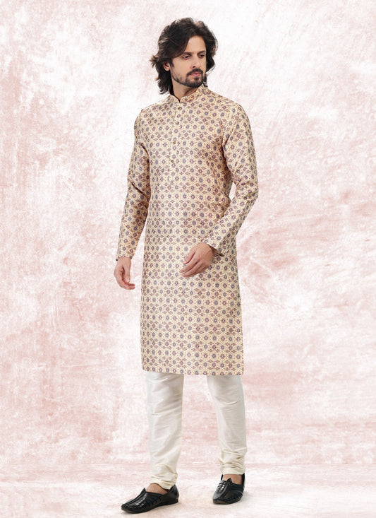 Fancy Work Banarasi Jacquard Yellow Kurta Pyjama - M5178