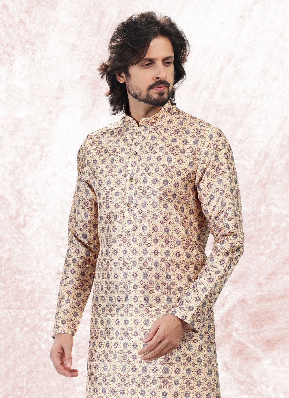 Fancy Work Banarasi Jacquard Yellow Kurta Pyjama - M5178