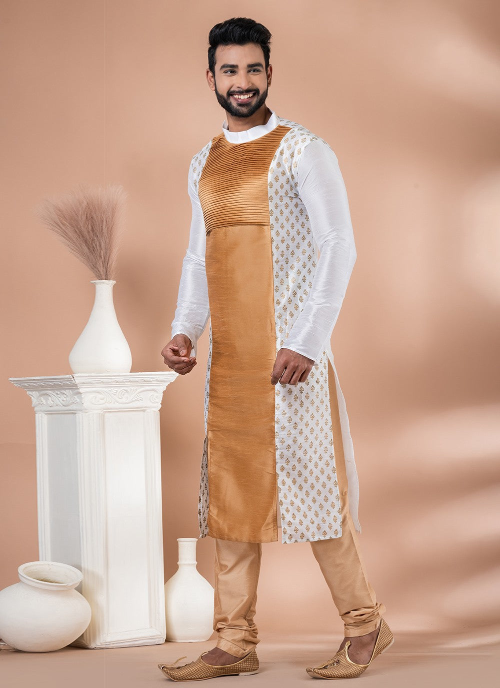 Fancy Work Banarasi Silk Beige, White Kurta Pyjama - M6989