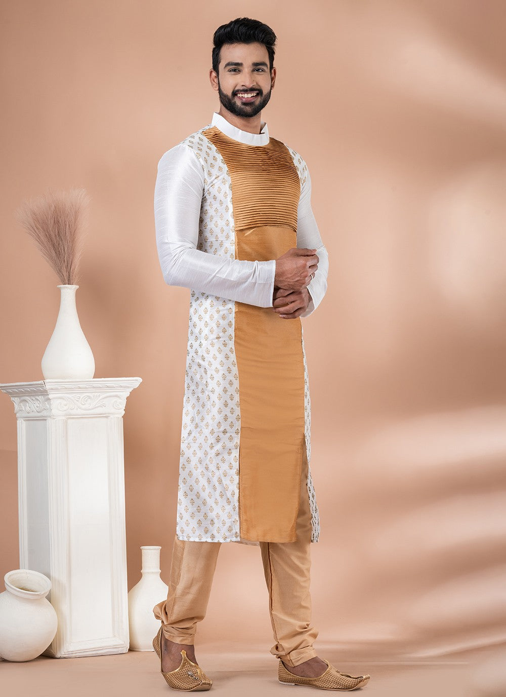 Fancy Work Banarasi Silk Beige, White Kurta Pyjama - M6989