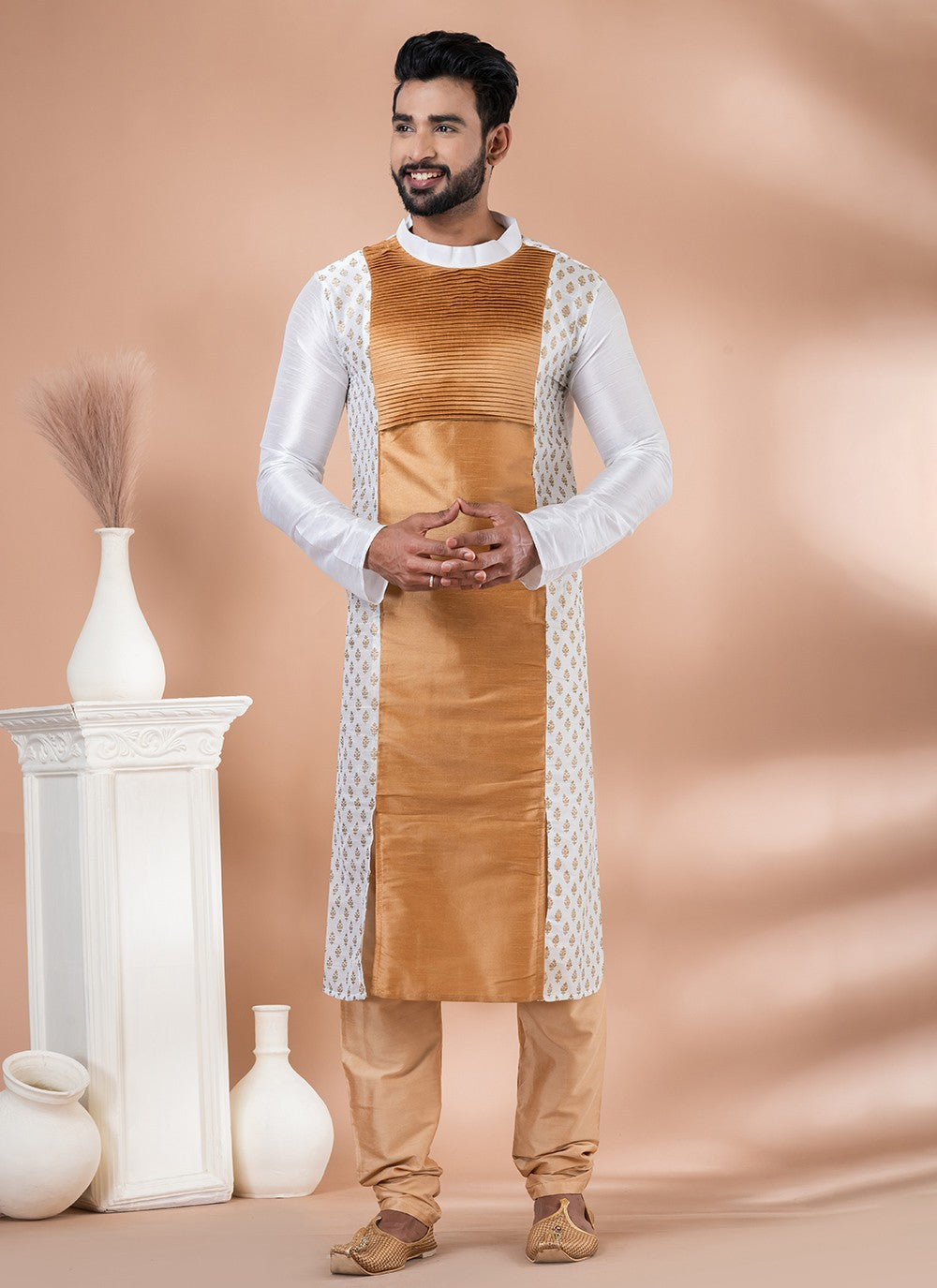 Fancy Work Banarasi Silk Beige, White Kurta Pyjama - M6989