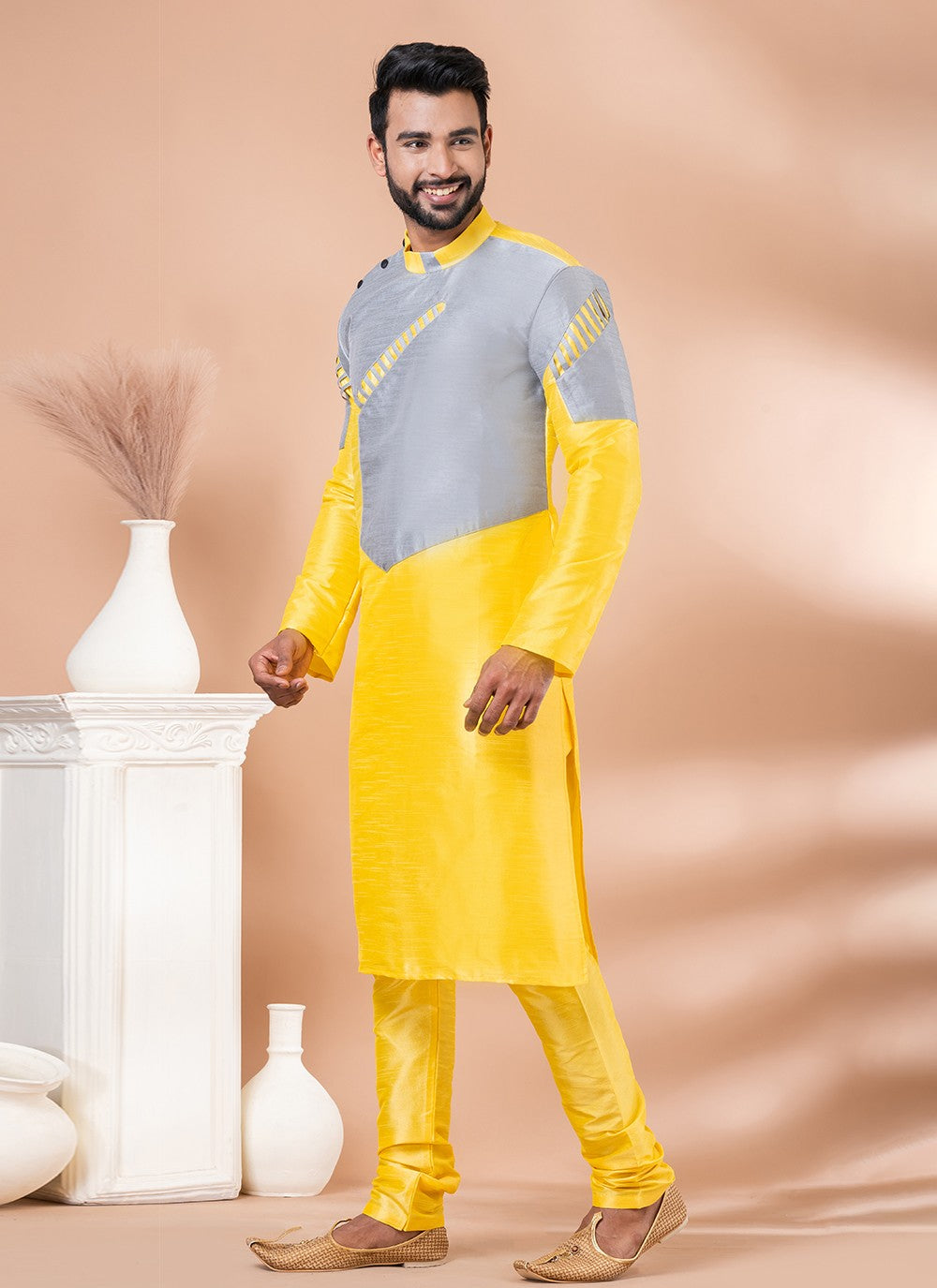 Fancy Work Banarasi Silk Grey, Yellow Kurta Pyjama - M6998